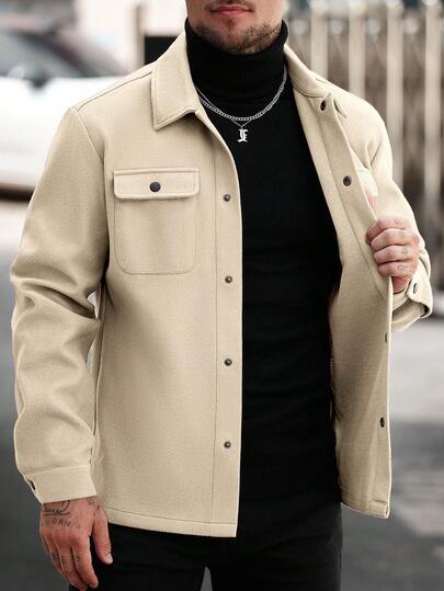 Manfinity Homme معطف صوفي مخلوط عادي بأكمام طويلة وأزرار أمامية للرجال
