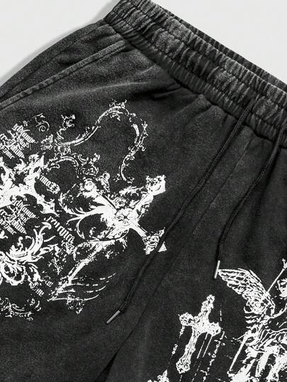 ROMWE MEN Goth شورت كاجوال للرجال بخصر مرن مطبوع عليه صليب وشعارات، مغسول، صيفي