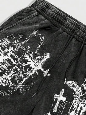 ROMWE MEN Goth شورت كاجوال للرجال بخصر مرن مطبوع عليه صليب وشعارات، مغسول، صيفي