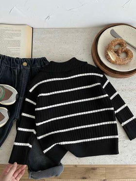 SHEIN كارديجان شتوي/خريفي ذو ياقة عالية مخطط للأولاد الصغار، قابل للاستخدام في المنزل والمدرسة والخروجات، باللونين البيج والأسود