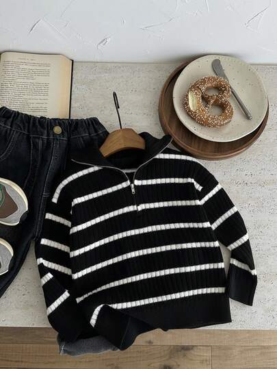 SHEIN كارديجان شتوي/خريفي ذو ياقة عالية مخطط للأولاد الصغار، قابل للاستخدام في المنزل والمدرسة والخروجات، باللونين البيج والأسود