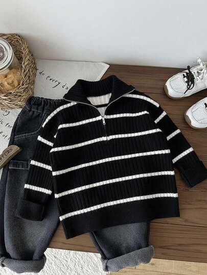 SHEIN كارديجان شتوي/خريفي ذو ياقة عالية مخطط للأولاد الصغار، قابل للاستخدام في المنزل والمدرسة والخروجات، باللونين البيج والأسود