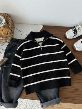 SHEIN كارديجان شتوي/خريفي ذو ياقة عالية مخطط للأولاد الصغار، قابل للاستخدام في المنزل والمدرسة والخروجات، باللونين البيج والأسود