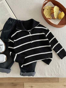 SHEIN كارديجان شتوي/خريفي ذو ياقة عالية مخطط للأولاد الصغار، قابل للاستخدام في المنزل والمدرسة والخروجات، باللونين البيج والأسود