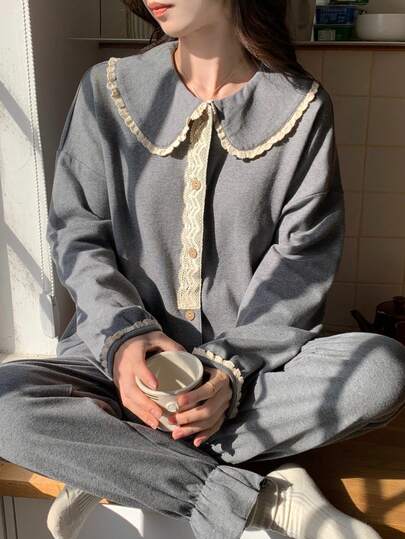 مجموعة بيجامات للنساء قطعتين، كارديجان بياقة دائرية بلون أحادي بطراز قديم، مناسب للربيع والخريف والشتاء، طقم متناسق