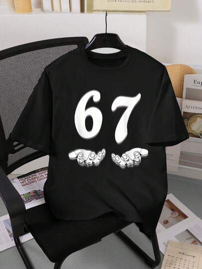 تي شيرت شيرت بأكمام قصيرة بطبعة رقم "67" للأولاد المراهقين، بتصميم بسيط وعصري، مناسب للخروجات، بلون أسود، ملابس علوية "ستة سبعة" مناسب للصيف وجميع المواسم