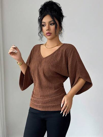 Elenzga فستان نسائي بياقة على شكل حرف V وخصر فضفاض مطوي بقماش بني قهوائي ملمس، هدية عيد ميلاد أنيقة لحفلات المناسبات والأعياد مثل عيد المعلم، اليوم الوطني، عيد العزاب، العطلات، عيد الميلاد، ، الهالوين، كرنفال ديوالي، رأس السنة، السفر والإجازات، ملابس الشا