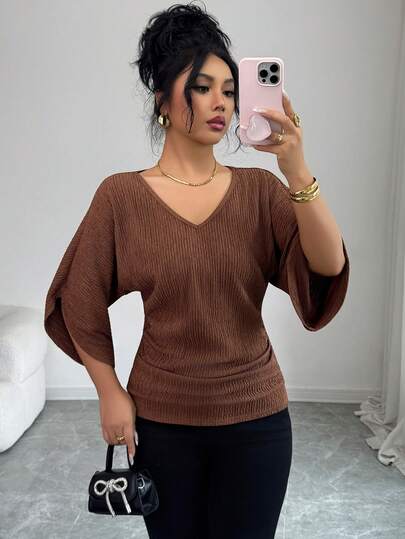 Elenzga فستان نسائي بياقة على شكل حرف V وخصر فضفاض مطوي بقماش بني قهوائي ملمس، هدية عيد ميلاد أنيقة لحفلات المناسبات والأعياد مثل عيد المعلم، اليوم الوطني، عيد العزاب، العطلات، عيد الميلاد، ، الهالوين، كرنفال ديوالي، رأس السنة، السفر والإجازات، ملابس الشا