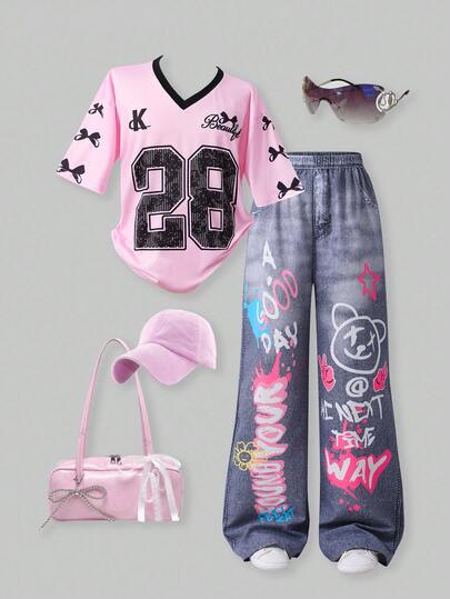 SHEIN ChillGRL ملابس علوية كم قصير ذات رقبة على شكل حرف V مع طباعة أرقام وبنطلون جينز طويل بتأثير الرسومات الجرافيتية، طقم صيفي كاجوال للمراهقات للمدرسة والجامعة
