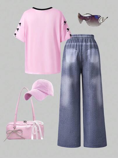 SHEIN ChillGRL ملابس علوية كم قصير ذات رقبة على شكل حرف V مع طباعة أرقام وبنطلون جينز طويل بتأثير الرسومات الجرافيتية، طقم صيفي كاجوال للمراهقات للمدرسة والجامعة