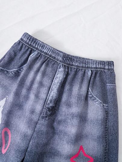SHEIN ChillGRL ملابس علوية كم قصير ذات رقبة على شكل حرف V مع طباعة أرقام وبنطلون جينز طويل بتأثير الرسومات الجرافيتية، طقم صيفي كاجوال للمراهقات للمدرسة والجامعة