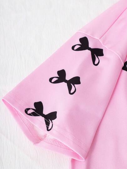 SHEIN ChillGRL ملابس علوية كم قصير ذات رقبة على شكل حرف V مع طباعة أرقام وبنطلون جينز طويل بتأثير الرسومات الجرافيتية، طقم صيفي كاجوال للمراهقات للمدرسة والجامعة