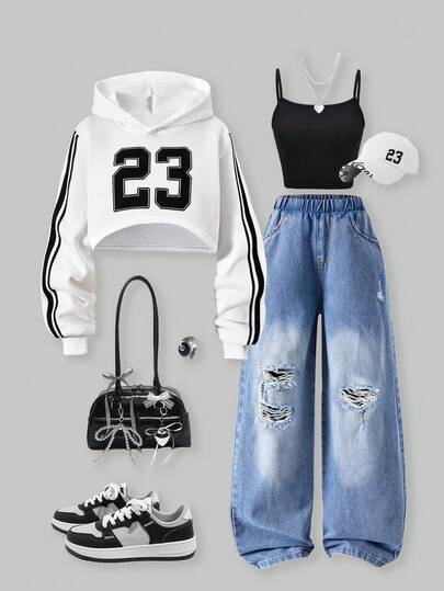 SHEIN ChillGRL 3 قطع/طقم ملابس عصرية متناسقة للفتيات المراهقات: هوديي أبيض قصير مع شريط أسود جانبي، كامي أسود، جينز أزرق ممزق، مناسب للخروجات في الخريف/الشتاء، التنقل، التسوق