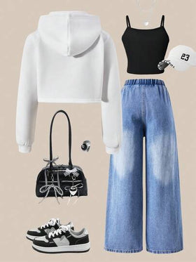 SHEIN ChillGRL 3 قطع/طقم ملابس عصرية متناسقة للفتيات المراهقات: هوديي أبيض قصير مع شريط أسود جانبي، كامي أسود، جينز أزرق ممزق، مناسب للخروجات في الخريف/الشتاء، التنقل، التسوق
