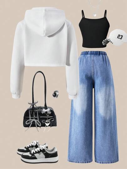 SHEIN ChillGRL 3 قطع/طقم ملابس عصرية متناسقة للفتيات المراهقات: هوديي أبيض قصير مع شريط أسود جانبي، كامي أسود، جينز أزرق ممزق، مناسب للخروجات في الخريف/الشتاء، التنقل، التسوق