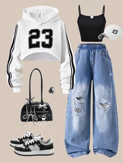SHEIN ChillGRL 3 قطع/طقم ملابس عصرية متناسقة للفتيات المراهقات: هوديي أبيض قصير مع شريط أسود جانبي، كامي أسود، جينز أزرق ممزق، مناسب للخروجات في الخريف/الشتاء، التنقل، التسوق
