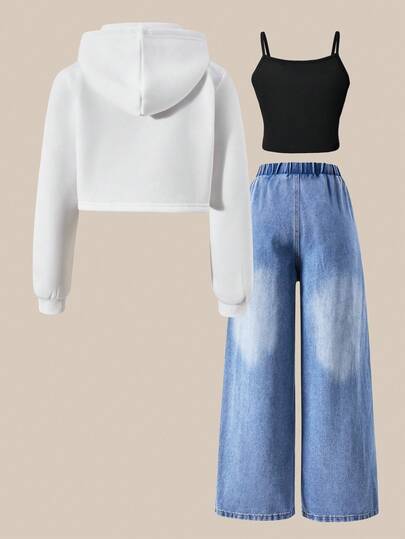 SHEIN ChillGRL 3 قطع/طقم ملابس عصرية متناسقة للفتيات المراهقات: هوديي أبيض قصير مع شريط أسود جانبي، كامي أسود، جينز أزرق ممزق، مناسب للخروجات في الخريف/الشتاء، التنقل، التسوق