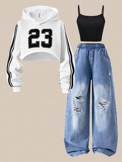 SHEIN ChillGRL 3 قطع/طقم ملابس عصرية متناسقة للفتيات المراهقات: هوديي أبيض قصير مع شريط أسود جانبي، كامي أسود، جينز أزرق ممزق، مناسب للخروجات في الخريف/الشتاء، التنقل، التسوق