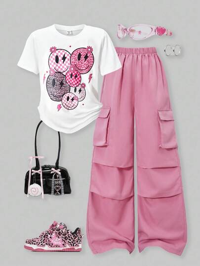 SHEIN ChillGRL مجموعة تي شيرت وبنطلون كارجو بطباعة حرفية للمراهقات، طراز ملابس الشارع الكاجوال