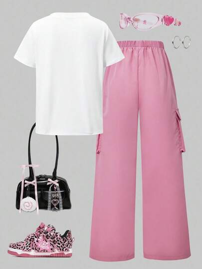SHEIN ChillGRL مجموعة تي شيرت وبنطلون كارجو بطباعة حرفية للمراهقات، طراز ملابس الشارع الكاجوال