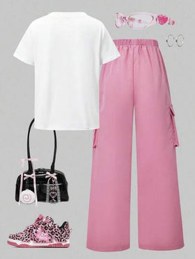 SHEIN ChillGRL مجموعة تي شيرت وبنطلون كارجو بطباعة حرفية للمراهقات، طراز ملابس الشارع الكاجوال