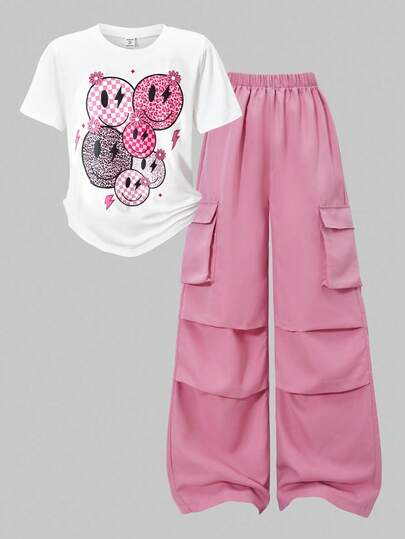 SHEIN ChillGRL مجموعة تي شيرت وبنطلون كارجو بطباعة حرفية للمراهقات، طراز ملابس الشارع الكاجوال