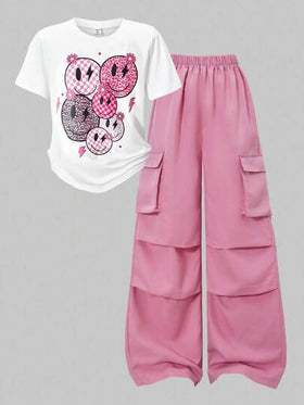SHEIN ChillGRL مجموعة تي شيرت وبنطلون كارجو بطباعة حرفية للمراهقات، طراز ملابس الشارع الكاجوال