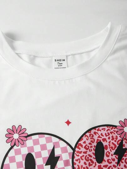 SHEIN ChillGRL مجموعة تي شيرت وبنطلون كارجو بطباعة حرفية للمراهقات، طراز ملابس الشارع الكاجوال