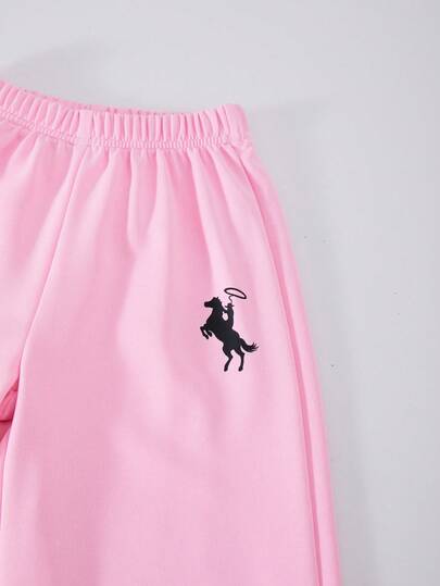 SHEIN ChillGRL مجموعة من قطعتين تتكون من هوديي سميك محبوك وبنطال واسع فضفاض للفتيات، مزين برسومات الفروسية والرياضة، مناسب للأوقات الحرة والرياضة