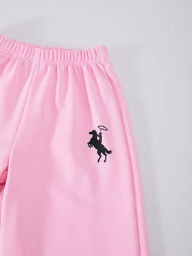 SHEIN ChillGRL مجموعة من قطعتين تتكون من هوديي سميك محبوك وبنطال واسع فضفاض للفتيات، مزين برسومات الفروسية والرياضة، مناسب للأوقات الحرة والرياضة