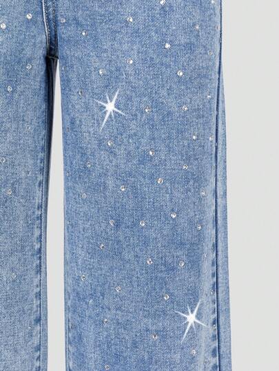 SHEIN ChillGRL بنطلون جينز واسع الساق مغسول بلون أزرق فاتح لامع بحجارة راين كاجوال فضفاض لفتيات المراهقات بطراز Y2K