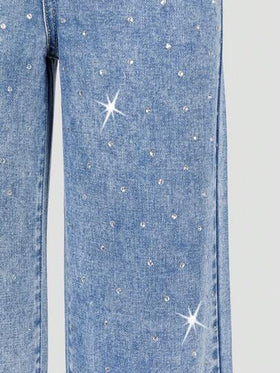 SHEIN ChillGRL بنطلون جينز واسع الساق مغسول بلون أزرق فاتح لامع بحجارة راين كاجوال فضفاض لفتيات المراهقات بطراز Y2K
