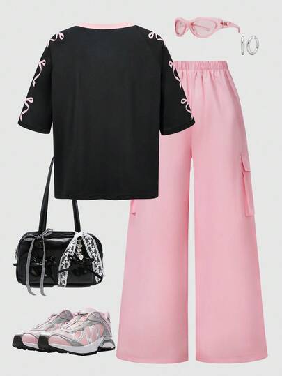 SHEIN ChillGRL مجموعة قميص بأكمام قصيرة بطبعات وبنطال كاجوال فتيات في سن المراهقة بأسلوب أمريكي 2 قطعة
