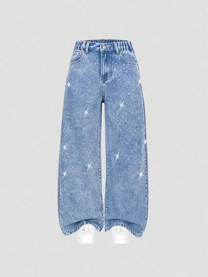 SHEIN ChillGRL بنطلون جينز واسع الساق مغسول بلون أزرق فاتح لامع بحجارة راين كاجوال فضفاض لفتيات المراهقات بطراز Y2K