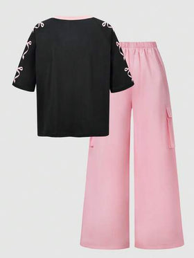 SHEIN ChillGRL مجموعة قميص بأكمام قصيرة بطبعات وبنطال كاجوال فتيات في سن المراهقة بأسلوب أمريكي 2 قطعة