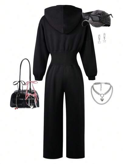 SHEIN ChillGRL البنطلون الوثاب ذو الخصر العالي والسترة البلوفر الرافعة للبنات في مرحلة المراهقة