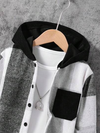 SHEIN Vacaura 1 قطعة جاكيت قميص كاجوال مقلمة بغطاء للأولاد الصغار، بطراز كلاسيكي، عصري للارتداء اليومي، وصول جديد للربيع/الخريف، مناسب للأولاد من عمر 4-7 سنوات للارتداء اليومي، الرياضة، الخارج، المدرسة