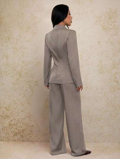 SHEIN PETITE بدلة كاجوال للنساء من جاكيت وبنطلون ذات لون أحادي، طوق واسع، أكمام طويلة، مناسبة للعمل في فصلي الخريف والشتاء