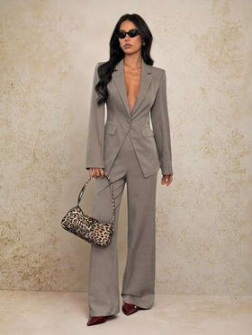 SHEIN PETITE بدلة كاجوال للنساء من جاكيت وبنطلون ذات لون أحادي، طوق واسع، أكمام طويلة، مناسبة للعمل في فصلي الخريف والشتاء