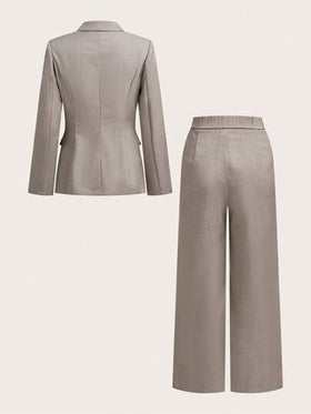SHEIN PETITE بدلة كاجوال للنساء من جاكيت وبنطلون ذات لون أحادي، طوق واسع، أكمام طويلة، مناسبة للعمل في فصلي الخريف والشتاء