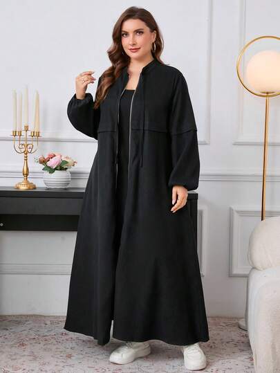 Al Najma رمضان فستان أبايا طويل بأكمام طويلة وسحاب للنساء ذوات الحجم الكبير، بسيط وأنيق