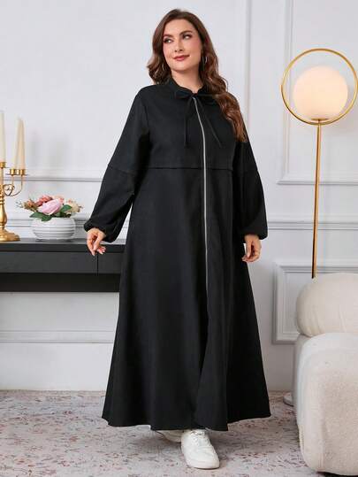 Al Najma رمضان فستان أبايا طويل بأكمام طويلة وسحاب للنساء ذوات الحجم الكبير، بسيط وأنيق