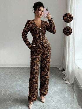 Elenzga قميص نسائي طويل الأكمام بتصميم جاكار، رقبة على شكل حرف V، طقم أنيق مُحكم الملائمة