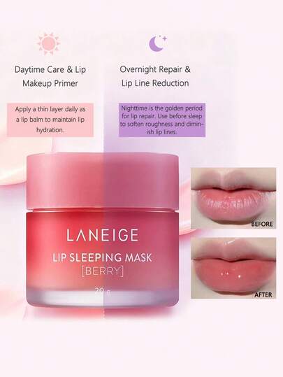 Laneige 20 جرام قناع نوم للشفاه بنكهة العنب، العناية المكثفة بالشفاه، مُنقع بفيتامين سي، مغذي ومصلح للتجاعيد والتشديد، لطيف ومهدئ للتقشير، يقلل من خطوط الشفاه، غني بمضادات الأكسدة، يحسن الشفاه الجافة والمتقشرة.