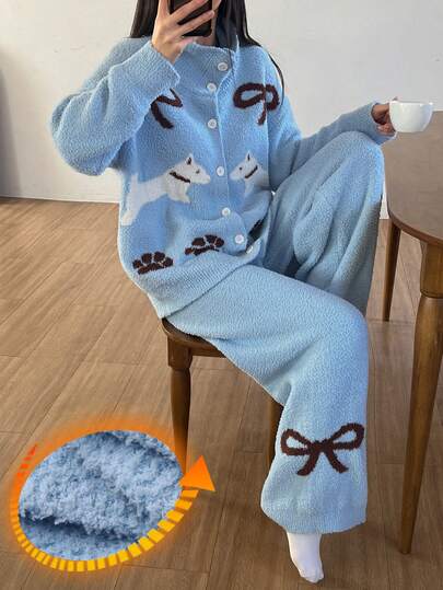 DAZY مجموعة بيجامة تتكون من كارديجان فضفاض مزين بربطة عنق وطبعة كلب محبوك، وبنطلون، مناسبة للخريف والشتاء، قطعتان رمضان