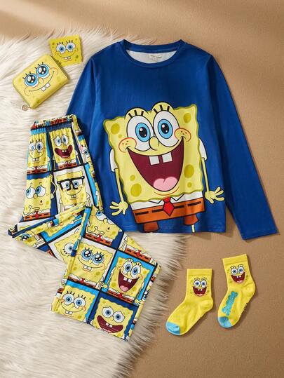 SpongeBob SquarePants | SHEIN بيجامة مكونة من ملابس علوية كم طويل بياقة طاقم وأنماط كرتونية متعددة التعبيرات مع بنطلون فضفاض مقاوم للاشتعال، مناسبة للخريف والشتاء