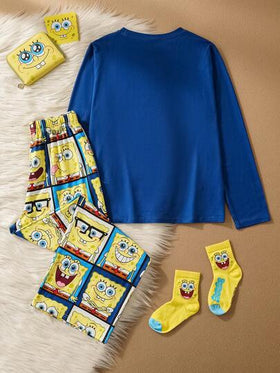 SpongeBob SquarePants | SHEIN بيجامة مكونة من ملابس علوية كم طويل بياقة طاقم وأنماط كرتونية متعددة التعبيرات مع بنطلون فضفاض مقاوم للاشتعال، مناسبة للخريف والشتاء