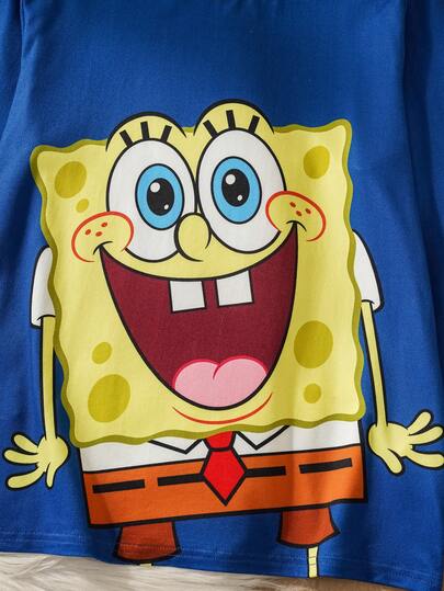 SpongeBob SquarePants | SHEIN بيجامة مكونة من ملابس علوية كم طويل بياقة طاقم وأنماط كرتونية متعددة التعبيرات مع بنطلون فضفاض مقاوم للاشتعال، مناسبة للخريف والشتاء