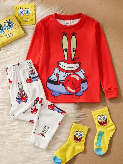 SpongeBob SquarePants | SHEIN طقم بيجاما شتوي من سروال ولباس علوي طويلة الأكمام ذات رقبة طاقم مطرزة برسوم كرتونية للأولاد، قطعتان من القطن المرن