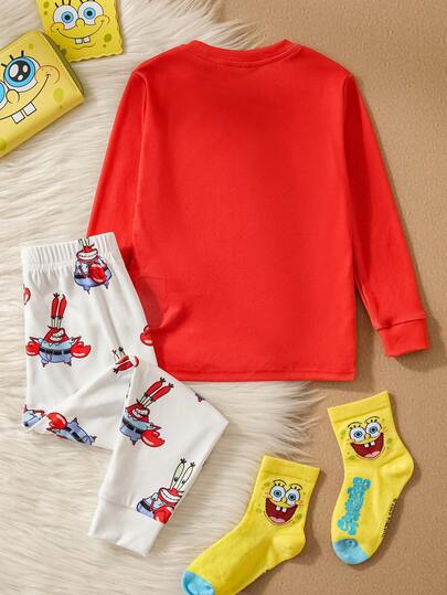 SpongeBob SquarePants | SHEIN طقم بيجاما شتوي من سروال ولباس علوي طويلة الأكمام ذات رقبة طاقم مطرزة برسوم كرتونية للأولاد، قطعتان من القطن المرن